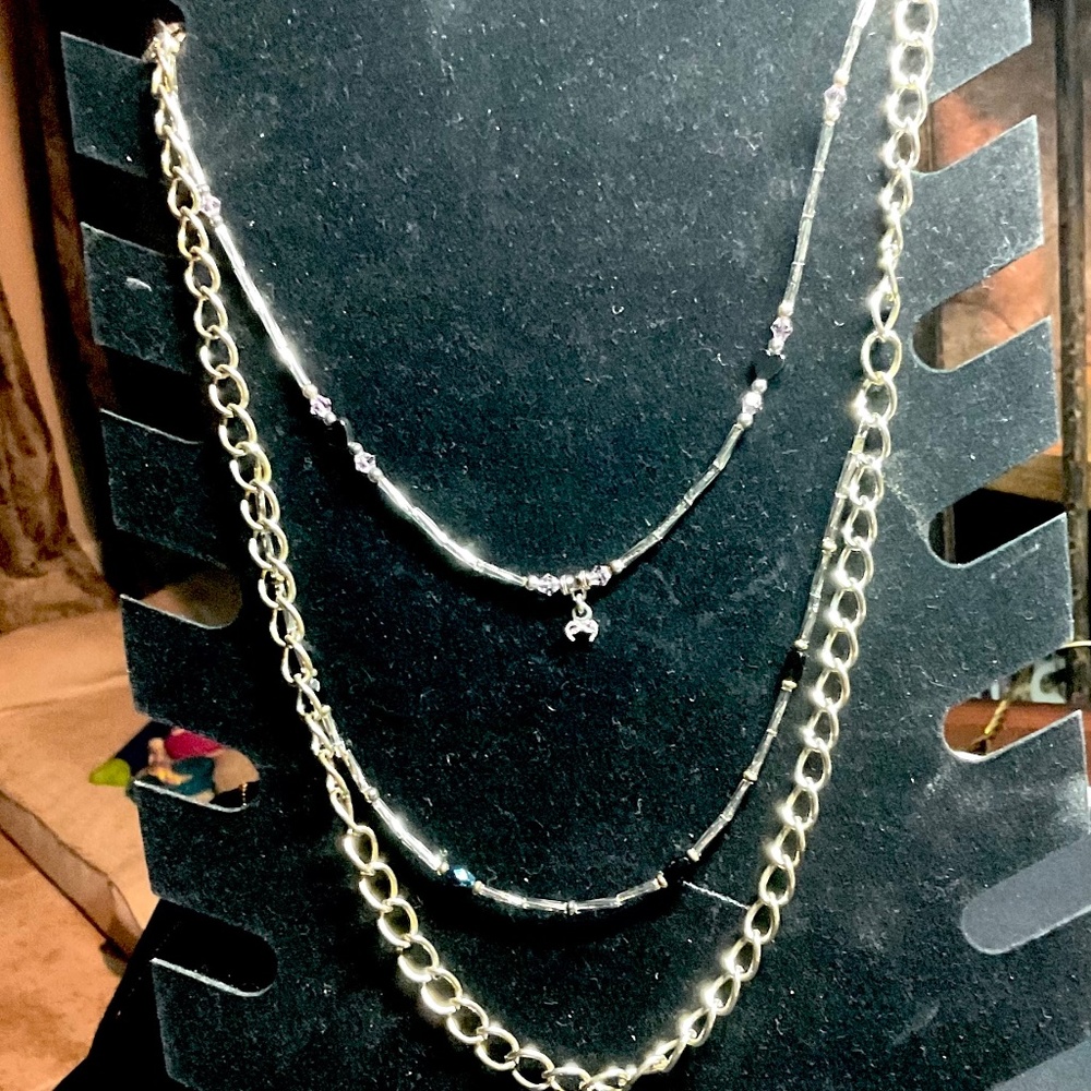 Triple Strand Large Curb Chain and Twisted Silver/Bead Strands Necklace